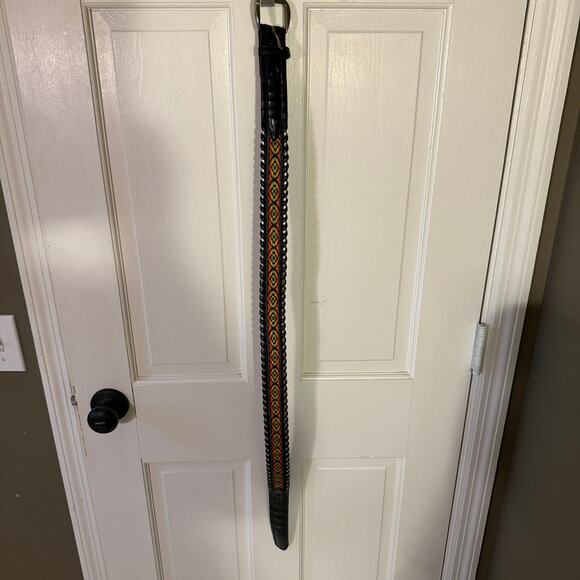 vintage vegan leather embroidered belt, black w/ silver buckle, M - Picture 3 of 7